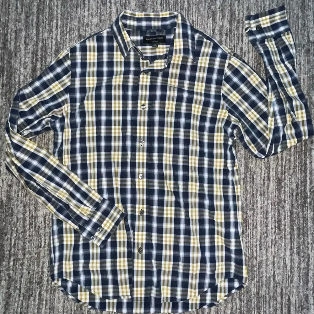 Banana Republic Men’s‎ Size Small Soft Wash Shirt Blue Yellow Plaid Long Sleeve